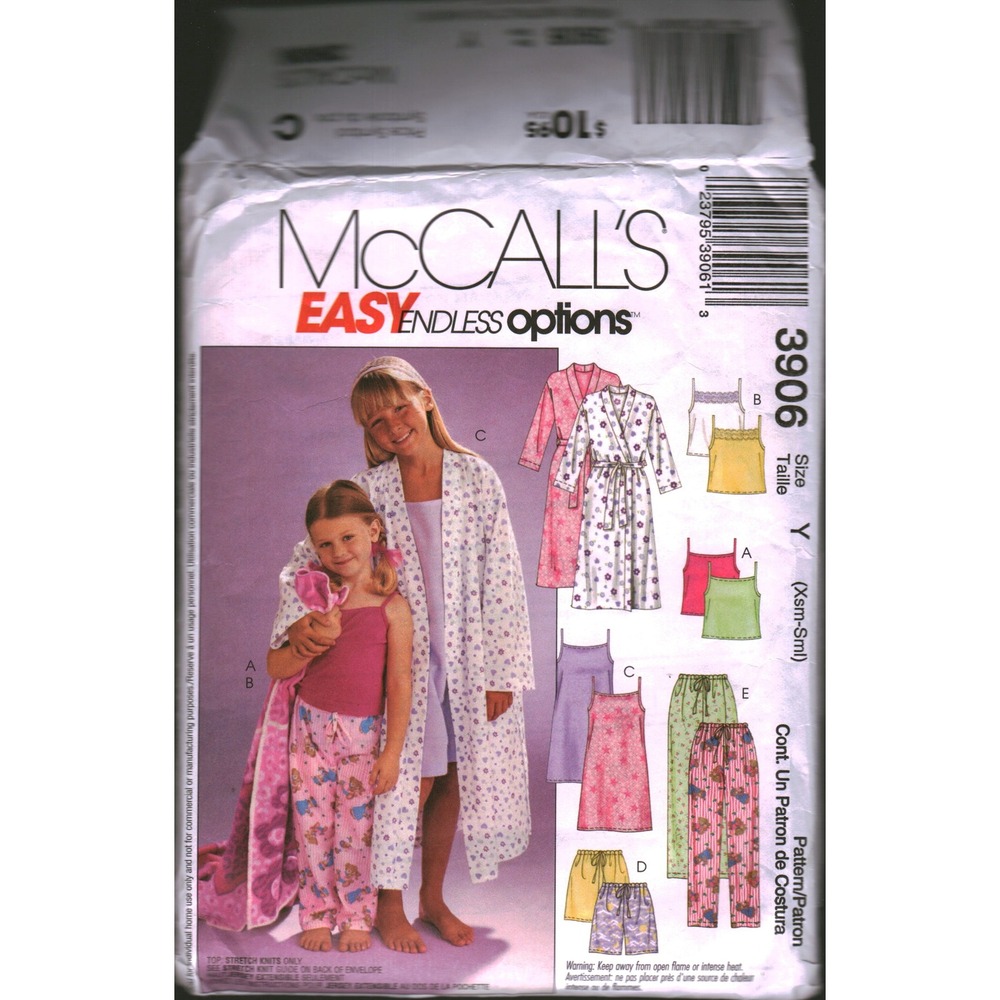 McCall's 3906 Kids Pajama Sewing Pattern Robe Gown Tops Pants Shorts Size Y XS-S